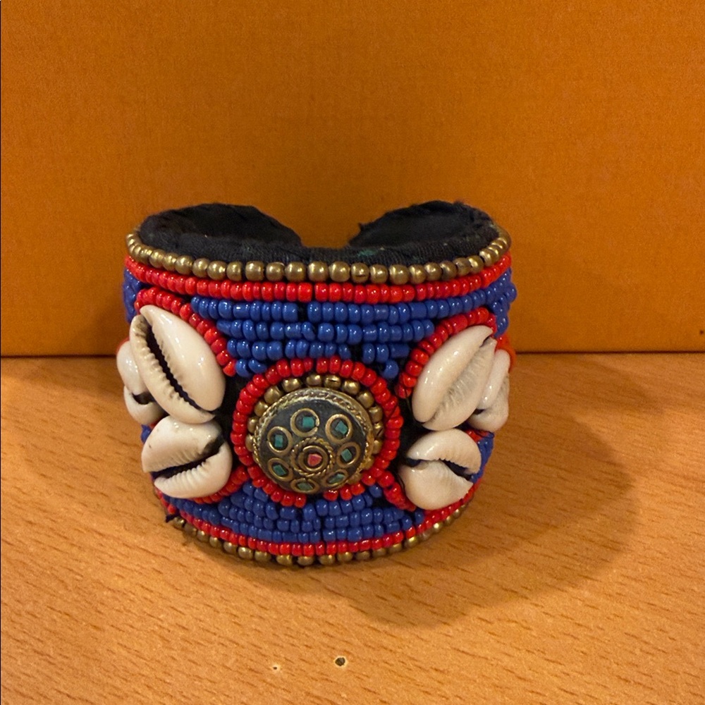 Handcrafted Blue and Red Beaded Shell Cuff Bracelet